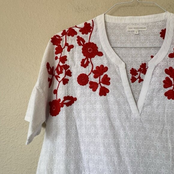 Next Beach Cover Up Kaftan Size Small White Red Floral Embroidered Print - Picture 2 of 7